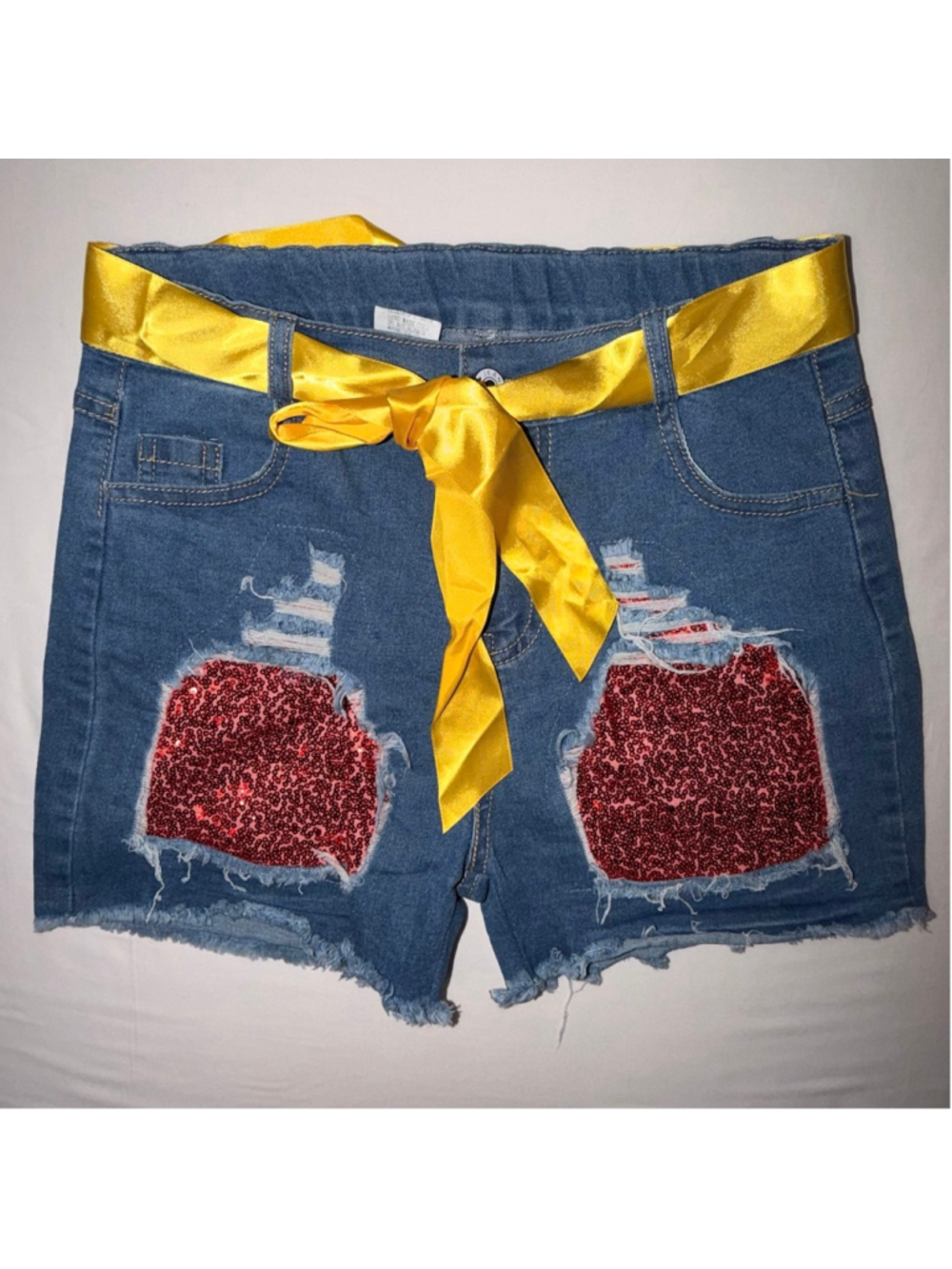 Girls L Distressed Sequin Denim Shorts Yellow Ribbon Belt Adjustable Waist Bling